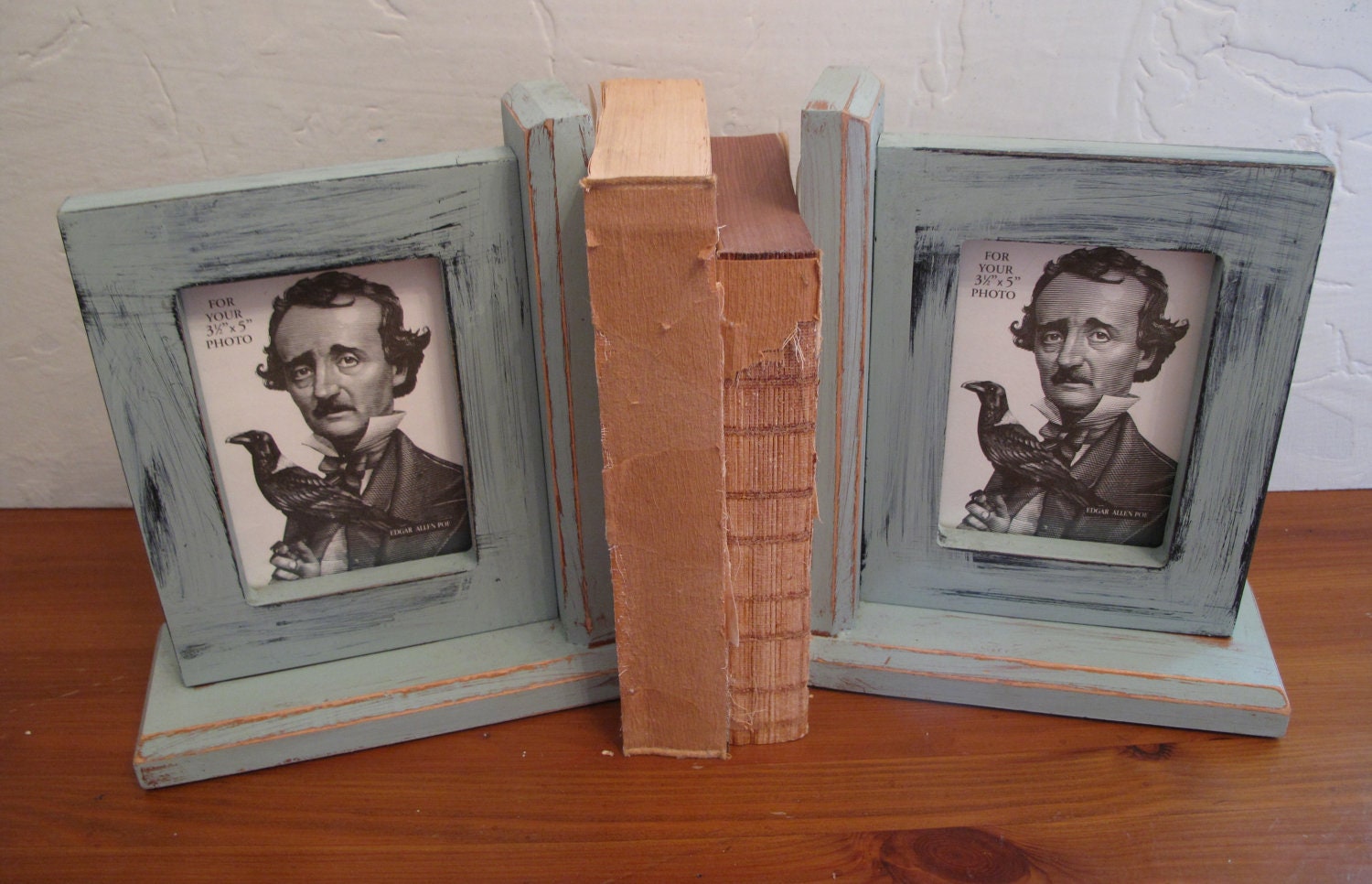 Upcycled Wood Bookends with 3.5" x 5" photo frames, Gift, Handfinished, Distressed in Duck Egg Blue