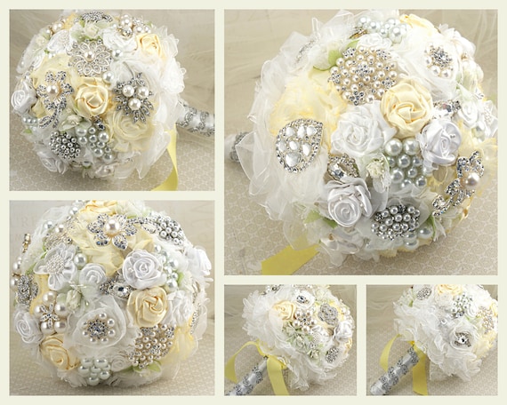 Brooch Bouquet Bridal Jeweled Bouquet Wedding Bouquet in Lemon Yellow, and White