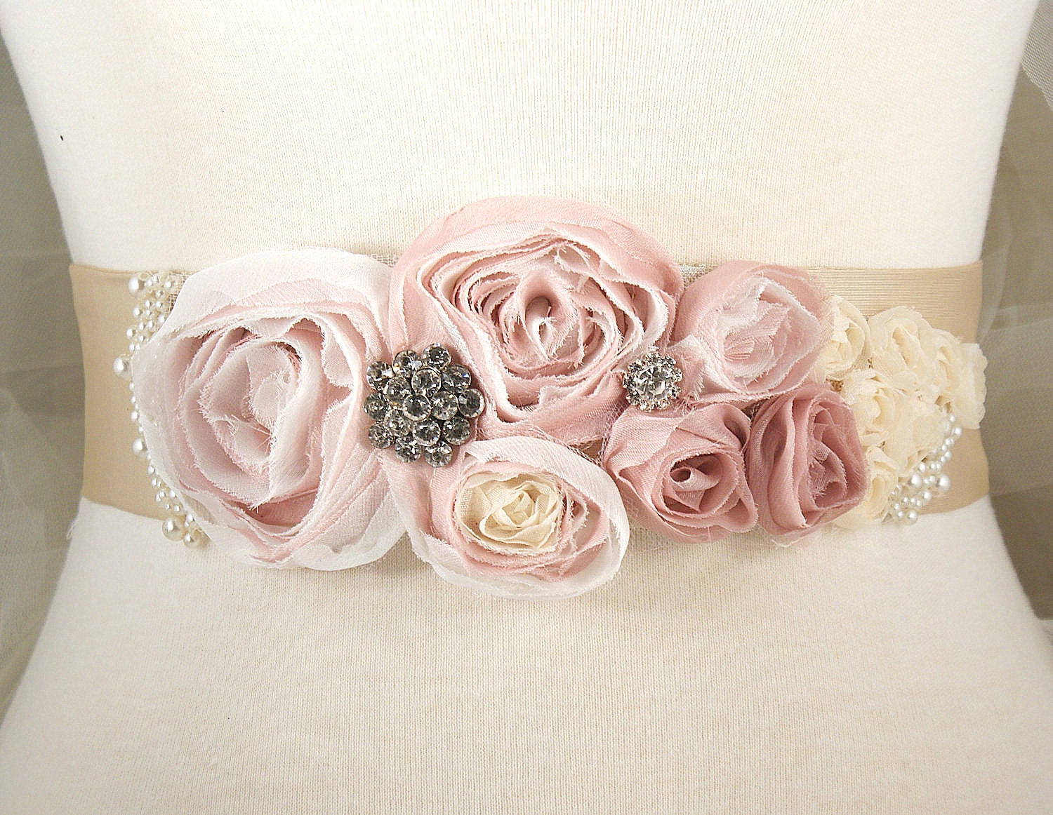 Bridal Sash in Blush, Cream and Ivory with Handmade Flowers, Brooches and Pearls- Heavenly