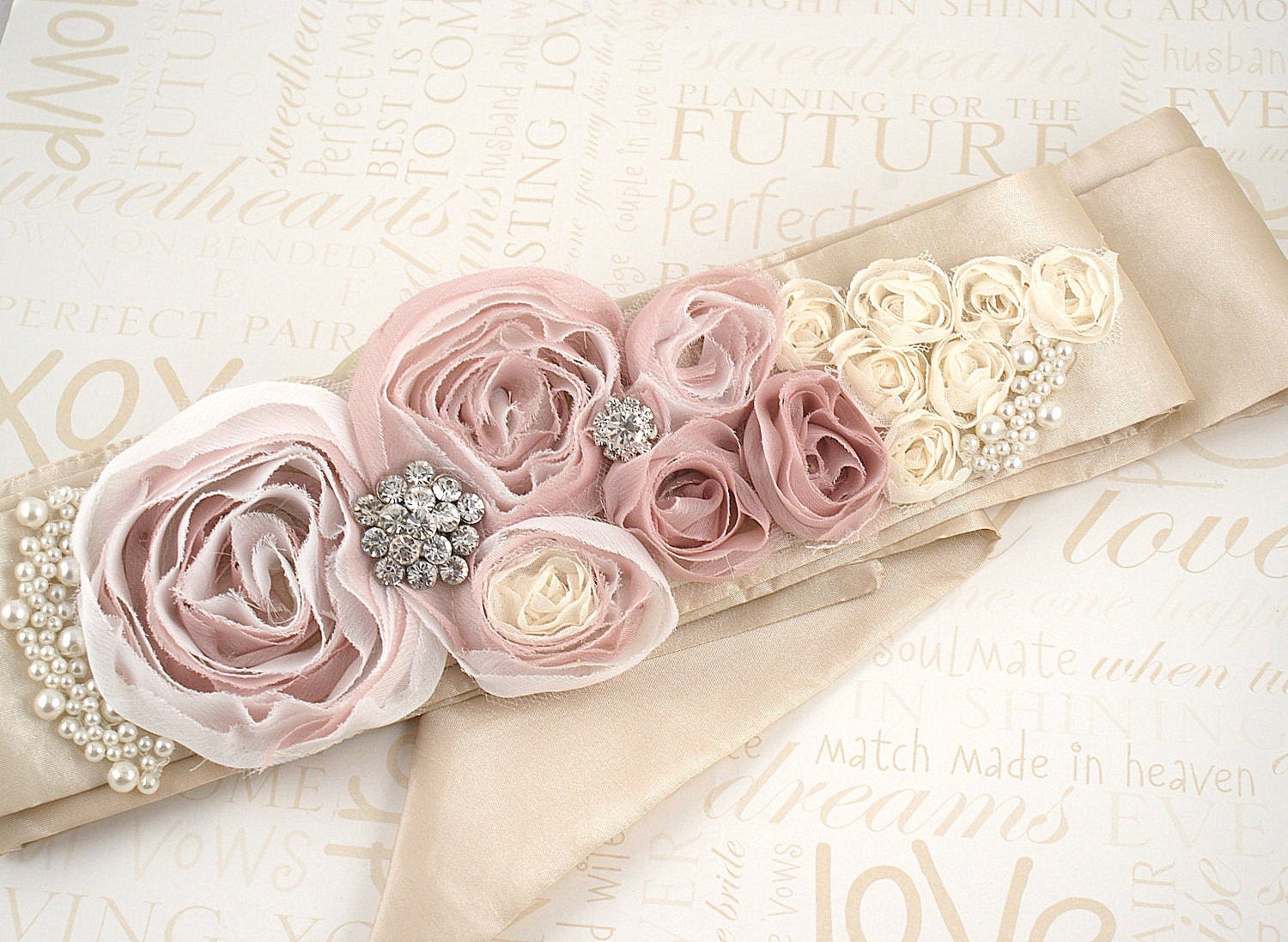 Bridal Sash in Blush, Cream and Ivory with Handmade Flowers, Brooches and Pearls- Heavenly
