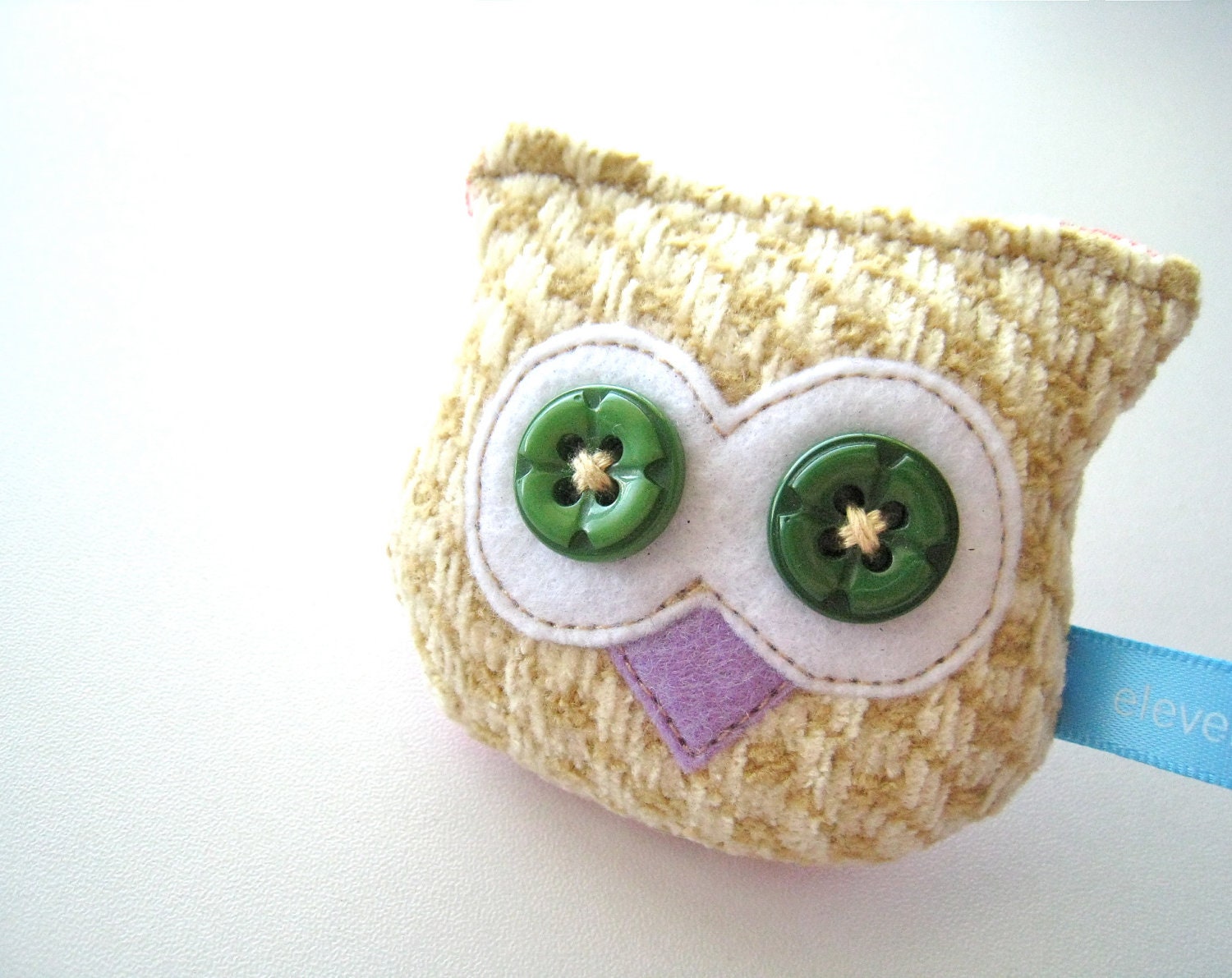 Owl Plush Keychain - Beige Upholstery Fabric, White and Purple Felt Owl