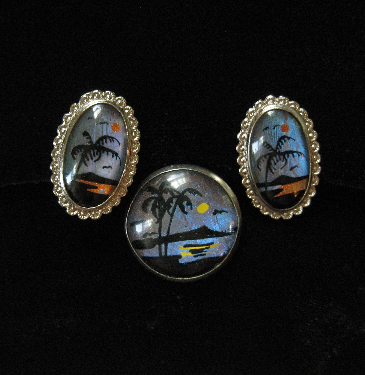 Genuine Butterfly Wing Reverse Painted Palm Trees Earrings and Brooch