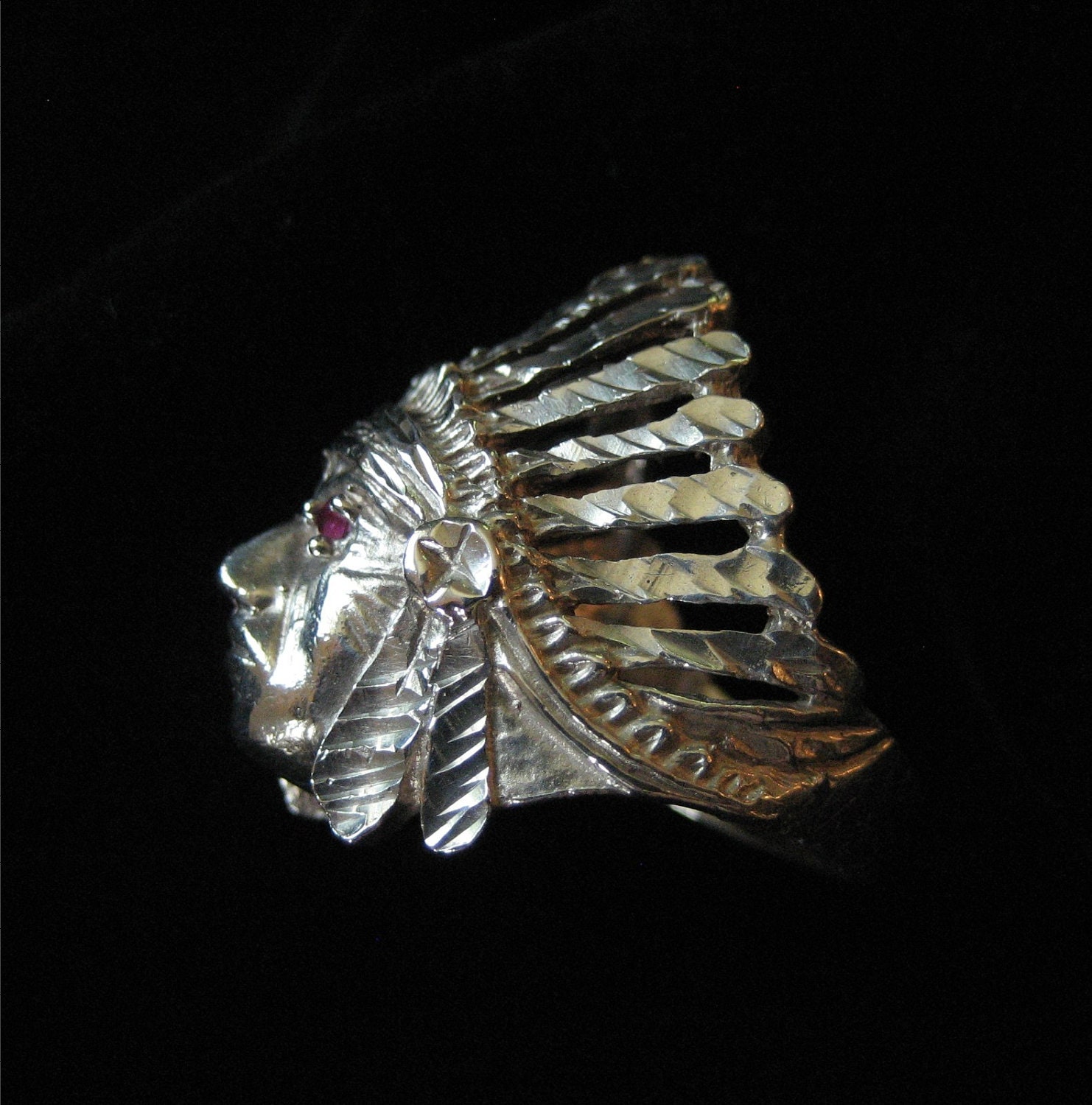 Sterling Silver Indian Chief Ring with Ruby Eyes