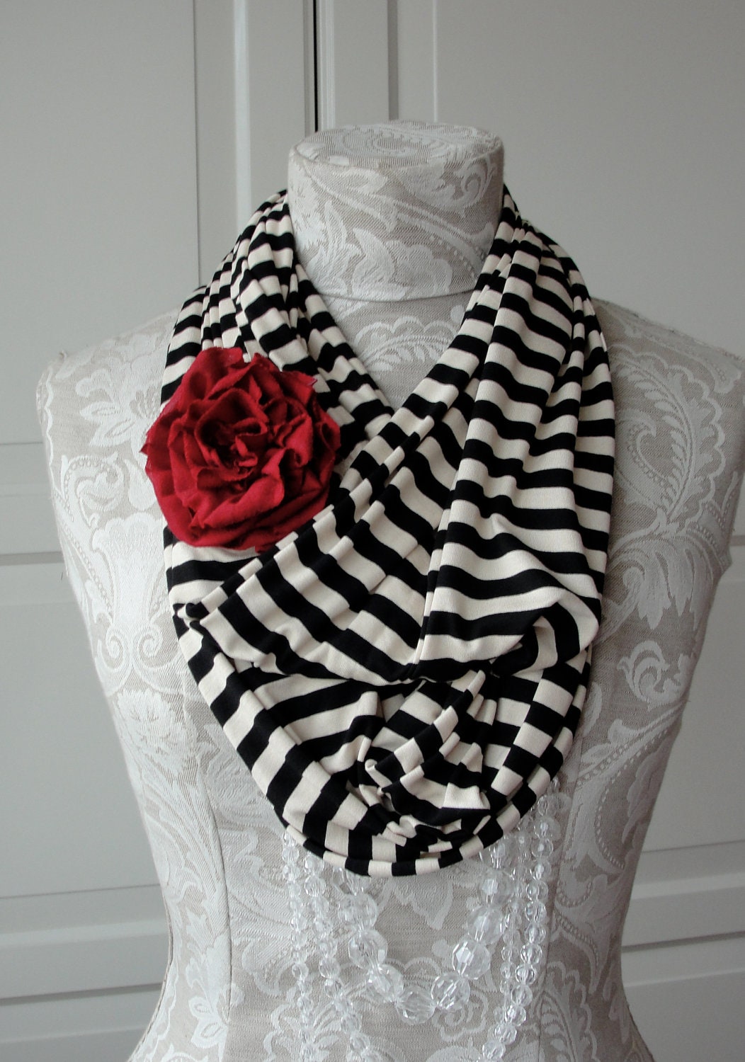 Snood Scarf in BOLD stripe fabric with detachable ROSE pin by FAIRYTALE13.
