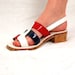 RESERVED 1970s sandals, mod 70s shoes, color blocked shoes, red white blue, patriotic shoes, cork sole, Rapallo, Size 8, Vegan