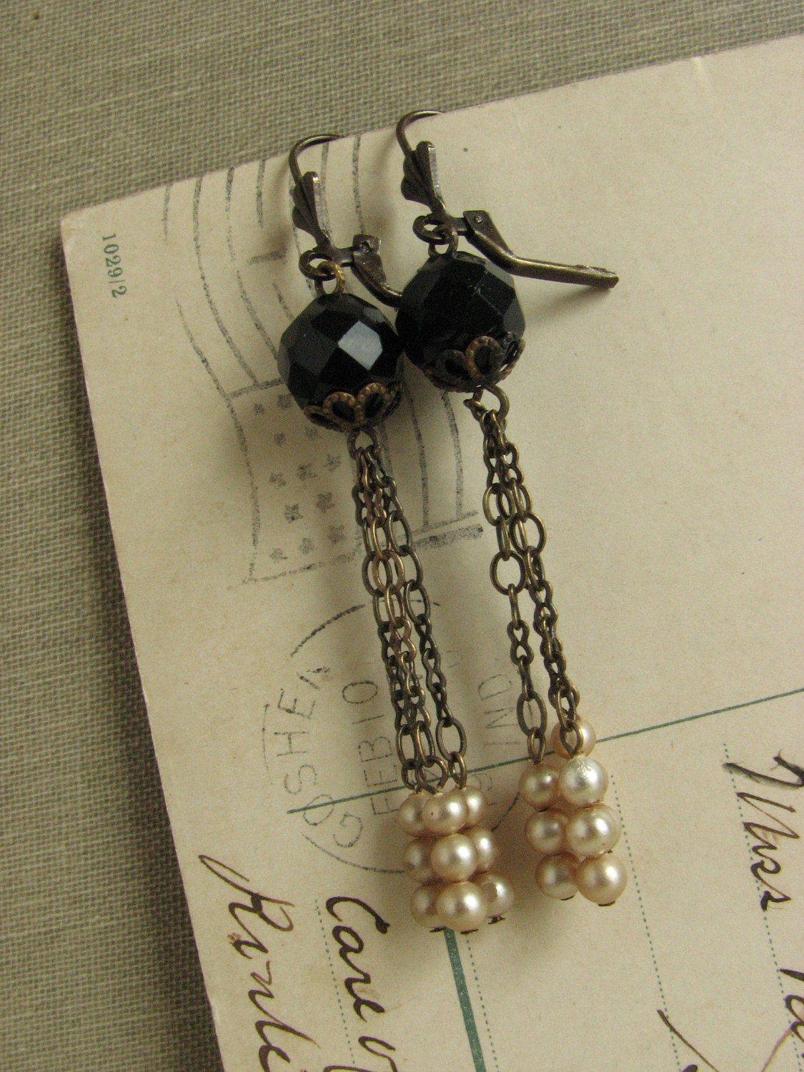 Black and White Flapper Inspired Earrings -long shabby chic elegant repurposed vintage-