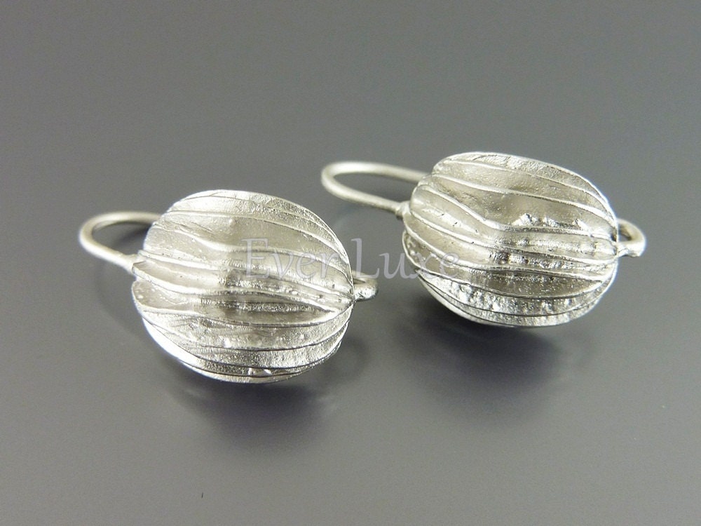 Matte silver earrings, layered lace ball hook earrings, rhodium plated brass sterling silver hook ear wires supplies 1033-MR(silver, 1 pair)