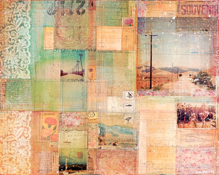 Summer Road  - 30" x 24" original mixed media painting - patchwork travel photo artwork with typography, words, abstract collage