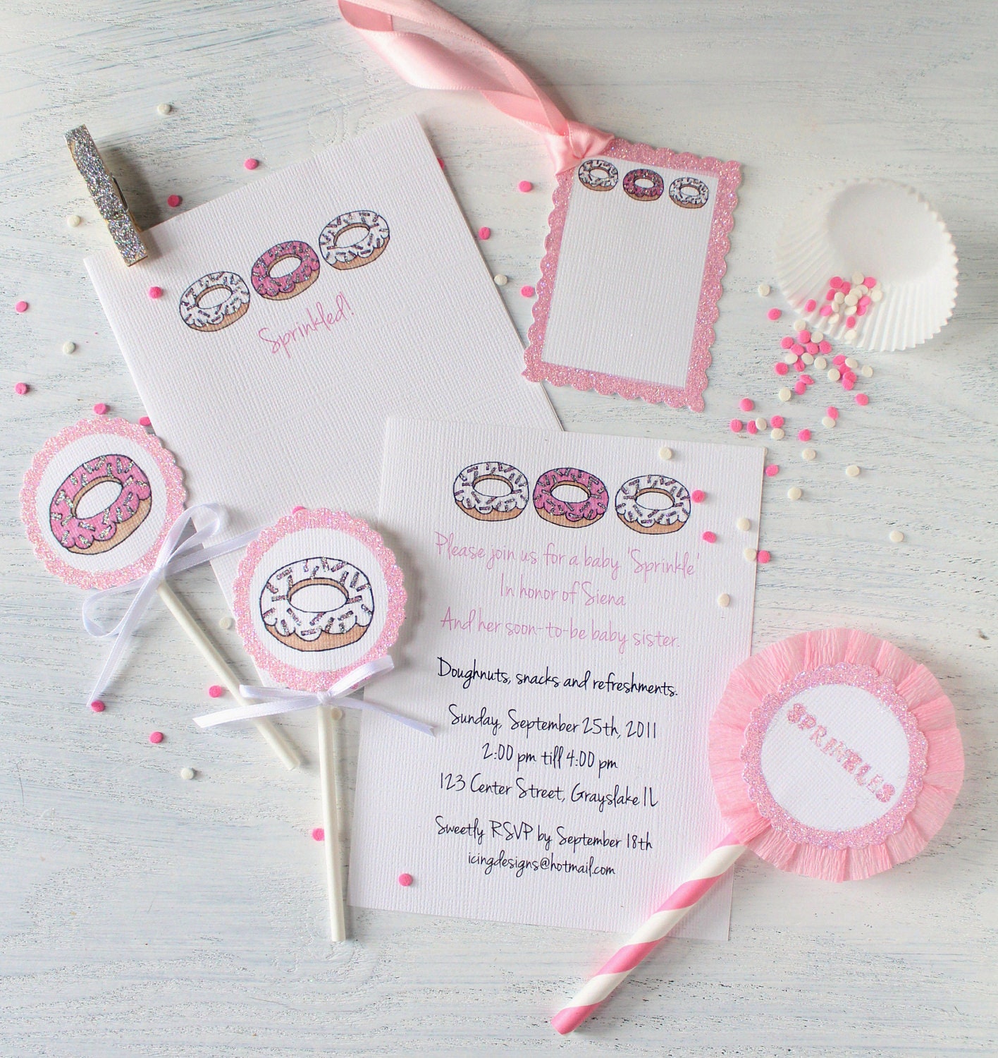 Sprinkled Donuts invitations, note cards, cupcake flags, gift tags