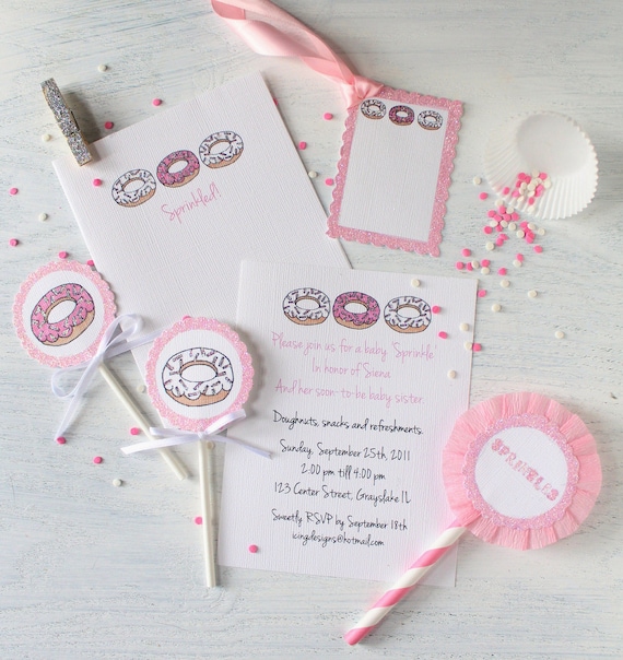 Sprinkled Donuts invitations, note cards, cupcake flags, gift tags