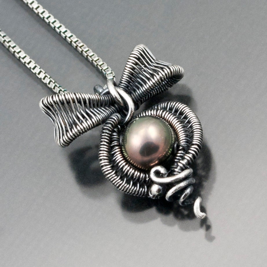 RESERVED - Little Bow Pendant , Fine Silver Bow, Freshwater Peacock Pearl Necklace