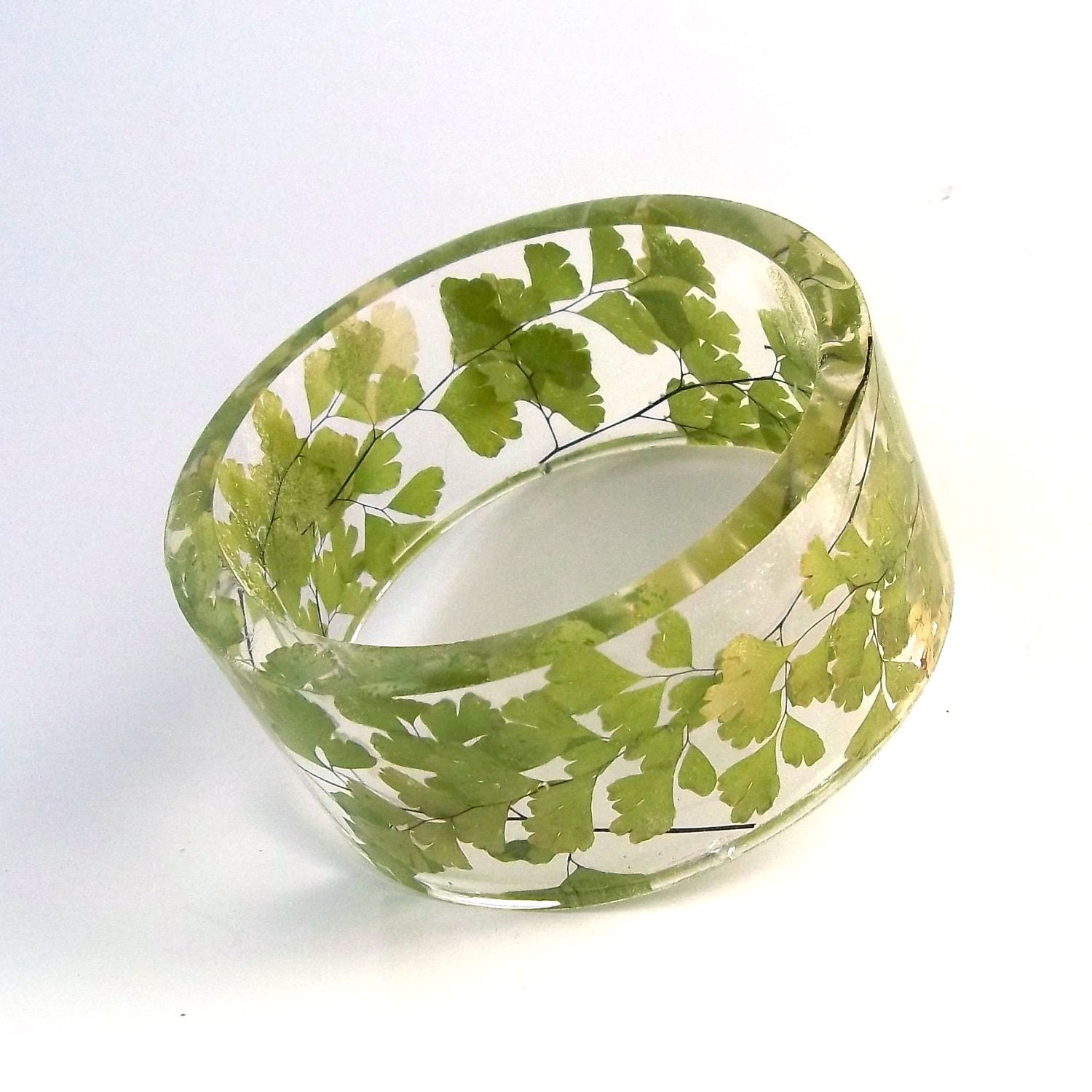 Size XXL Maidenhair Fern Resin Bangle. Contemporary Resin Bracelet.   Green Fern Botanical Jewelry. Personalized Jewelry Engraved Name - SpottedDogAsheville