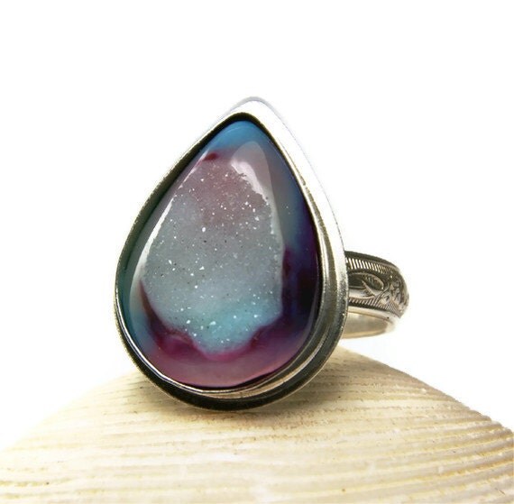 Reserved for Victor, Sterling Silver Druzy Ring, Purple Pink Stone, Natural Crystals, Handmade Custom Jewelry-made to order in your size