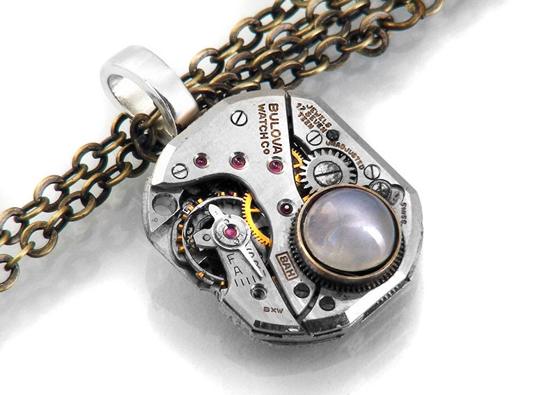 Steampunk Necklace, Natural Catseye Moonstone & Bulova Vintage Watch Movement - Long Chain Necklace
