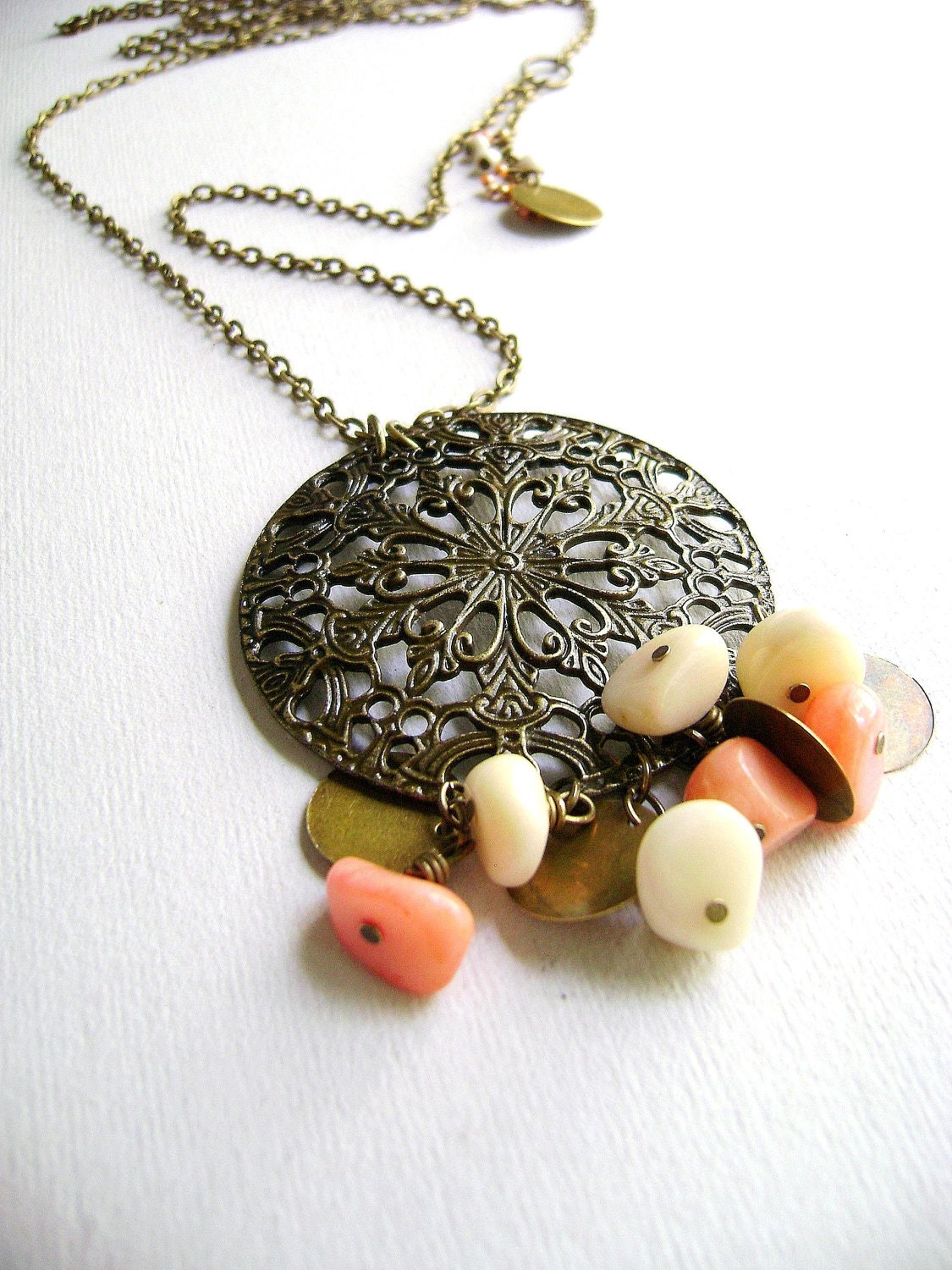 Dazzle up - super long necklace charm pendant natural painted soft peach ivory stones