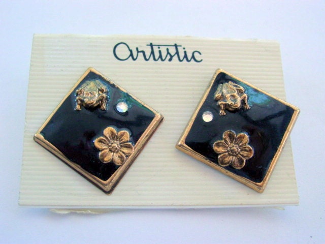 Vintage Frog Earrings, Designer Pierced Earrings on Original Card Gold and Black Enamel Vintage Jewelry Jewellery