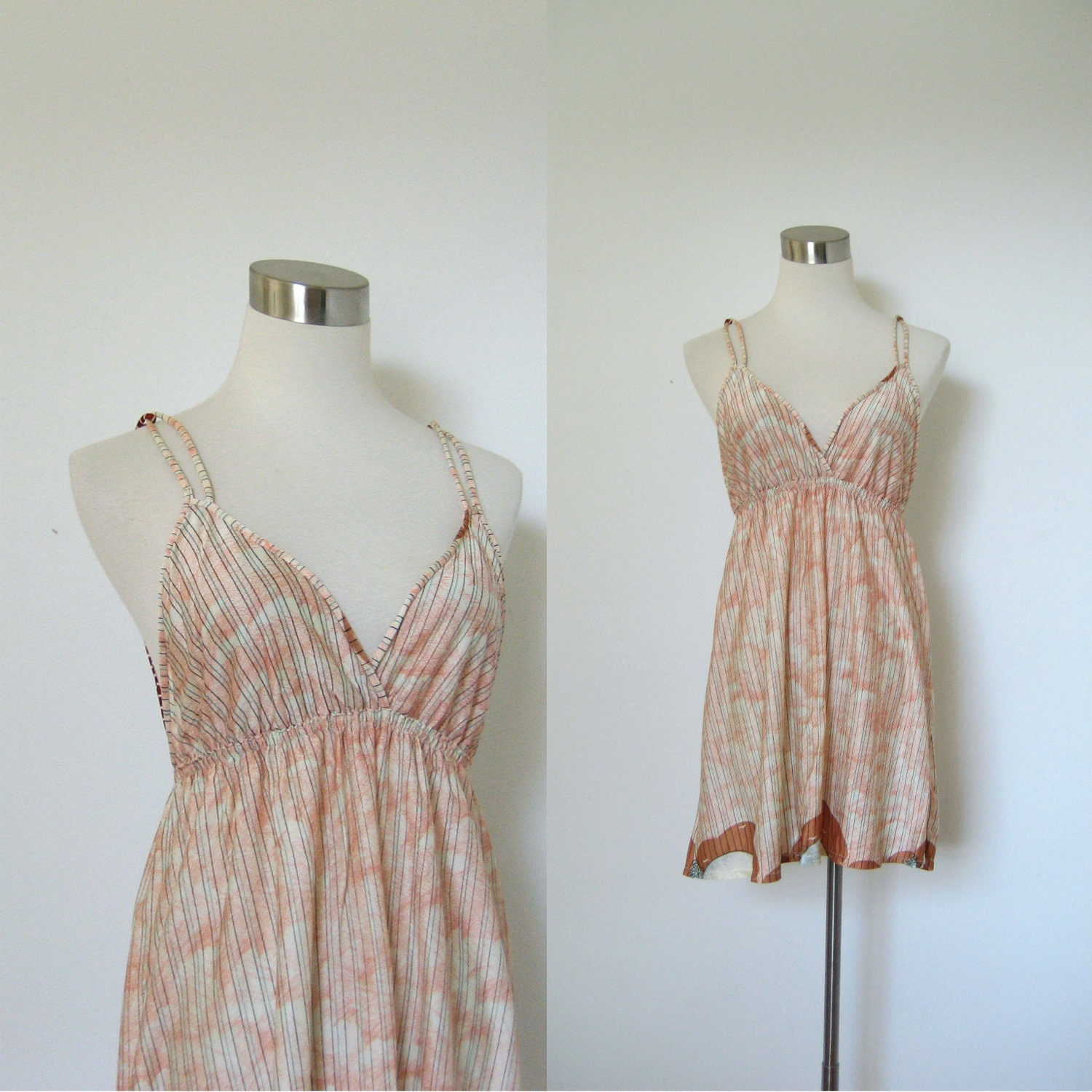 1970s Tank Top / 70s Backless Slinky Striped Beach Cover up / Bird Print (medium large)