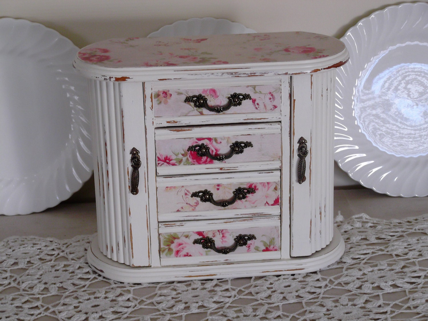 Shabby Chic,French Dresser, Farmhouse Armoire, Jewelry Box, Handpainted in Sunbleached white with shabby rose paper