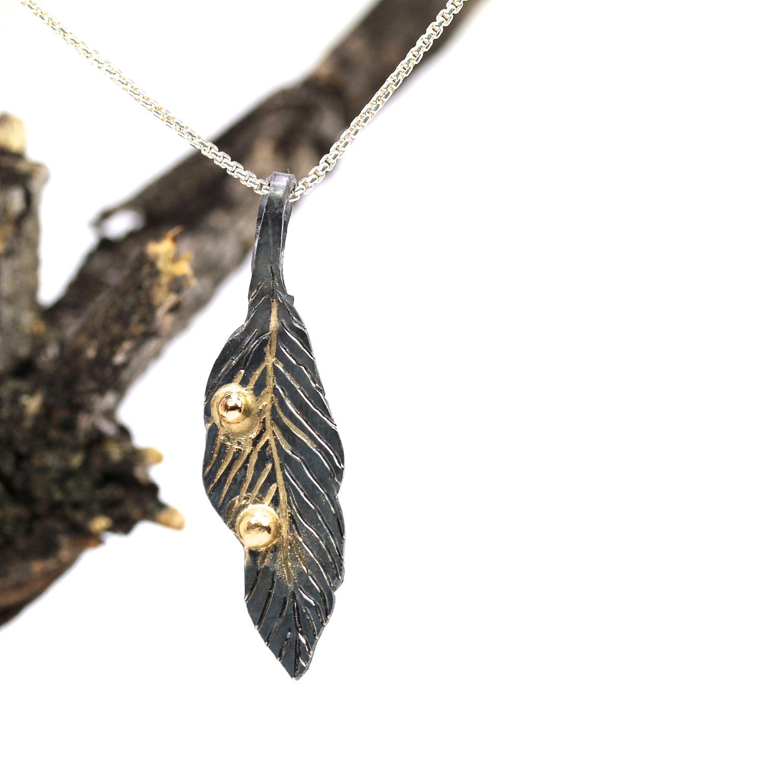 Dark Silver Yellow Gold Feather Necklace - Gold Drop Feather
