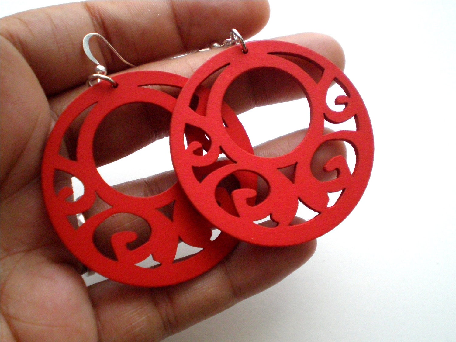 Red Wooden Swirl Filigree Earrings