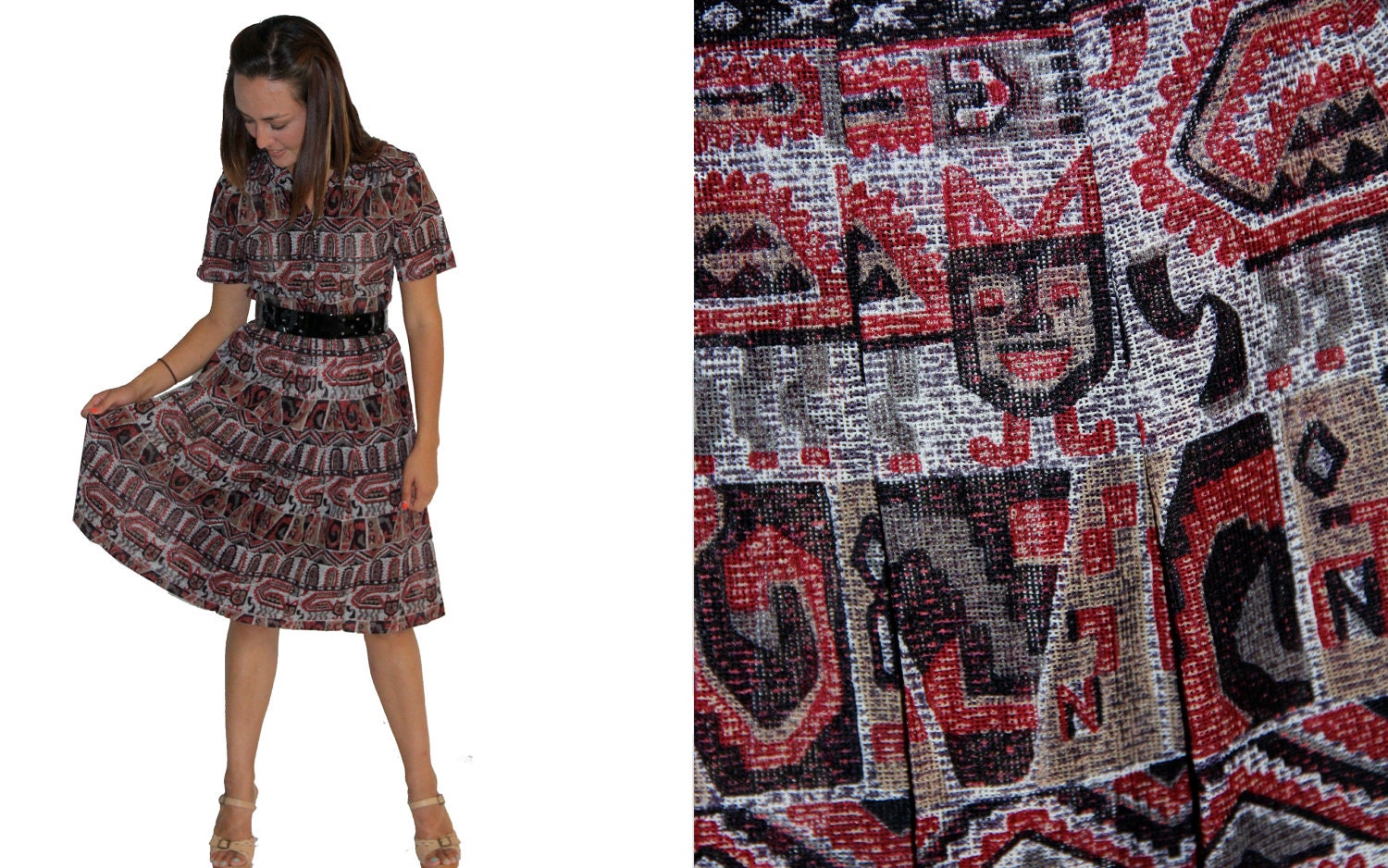 SALE - Vintage Dress - Shirtwaist w Tribal Novelty Print Kitty Cat