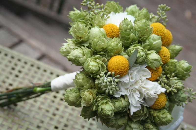 Bridal bouquet, hops and craspedia.