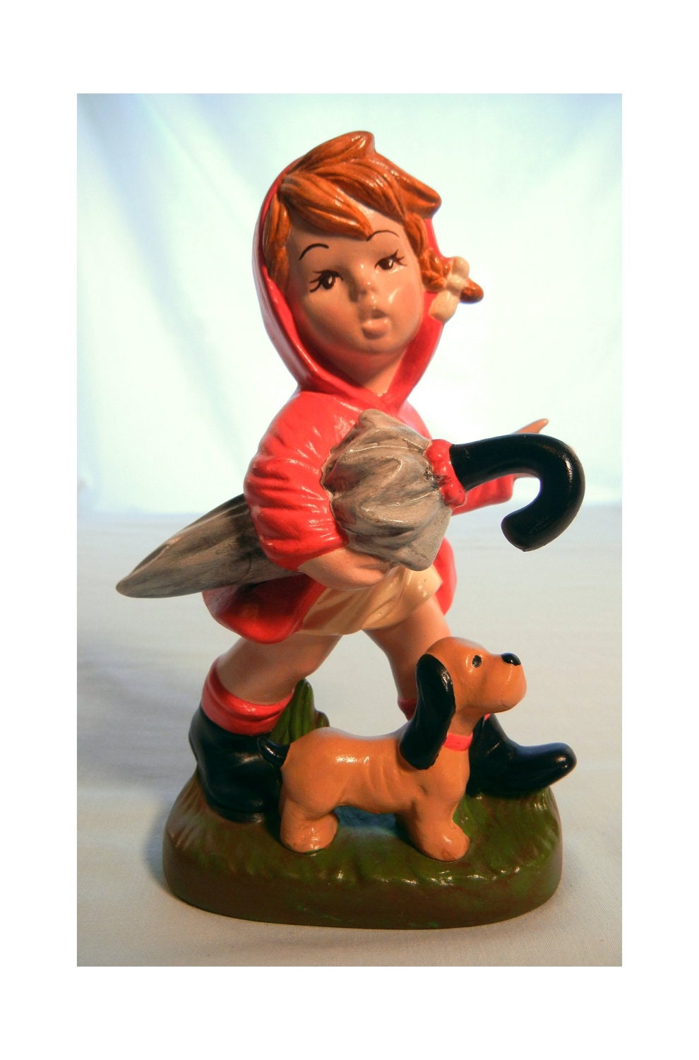 Figurine Girl with Umbrella, Red Raincoat, Dog, Hummel Like