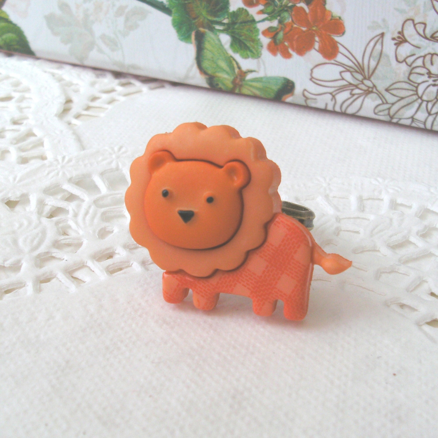 Baby Lion Ring, Orange Lion, Adjustable Ring, Animal Ring