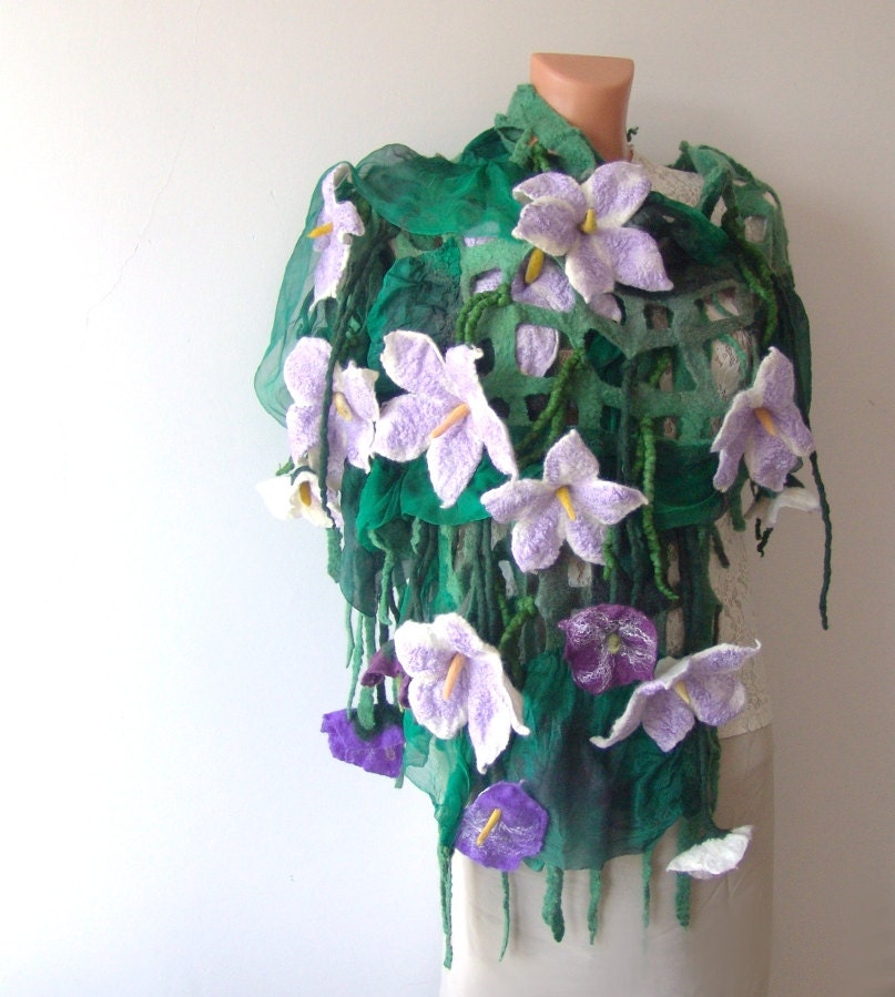Nuno felted scarf - purple flowers green leaves