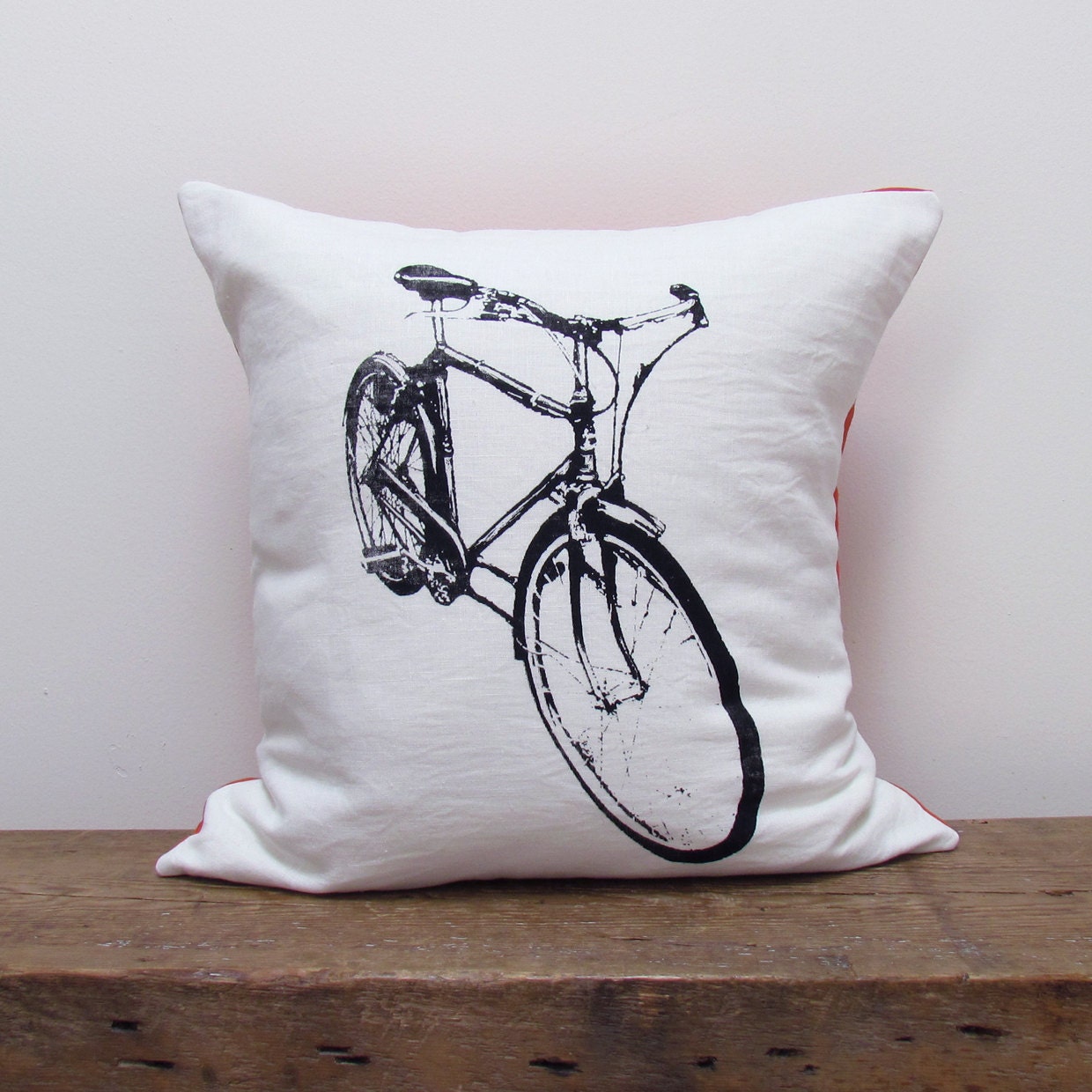 Bicycle Linen Pillowcase, Printed in Black with Orange Linen Backing, 18x18"