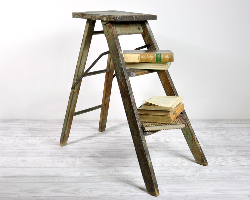 Vintage Rustic Painted Wood Stool / Folding Stool / Industrial Decor