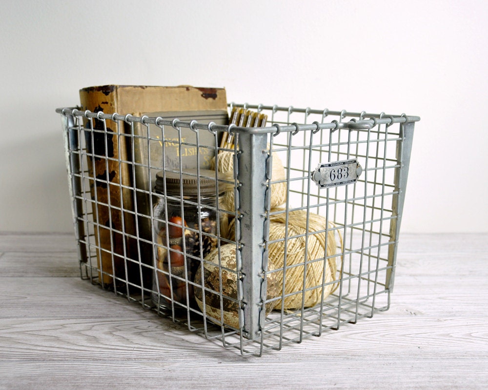 Vintage Metal Locker Basket / Industrial Storage