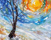 Original oil painting Winter Sunrise Snow palette knife texture on canvas oil impressionistic fine art impasto by Karen Tarlton