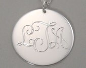 Monogram necklace pendant engraved script sterling silver charm 1 inch round circle disc UDLOS