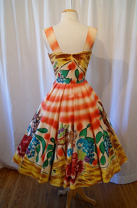 On Hold Show stopper 1950's hand painted Mexican tourist new look summer sun dress pin up girl rockabilly bombshell - size Small / Medium