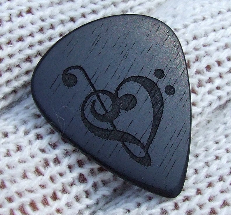 Treble and Bass Clef Heart - Handmade Exotic Gabon Ebony Premium Guitar Pick