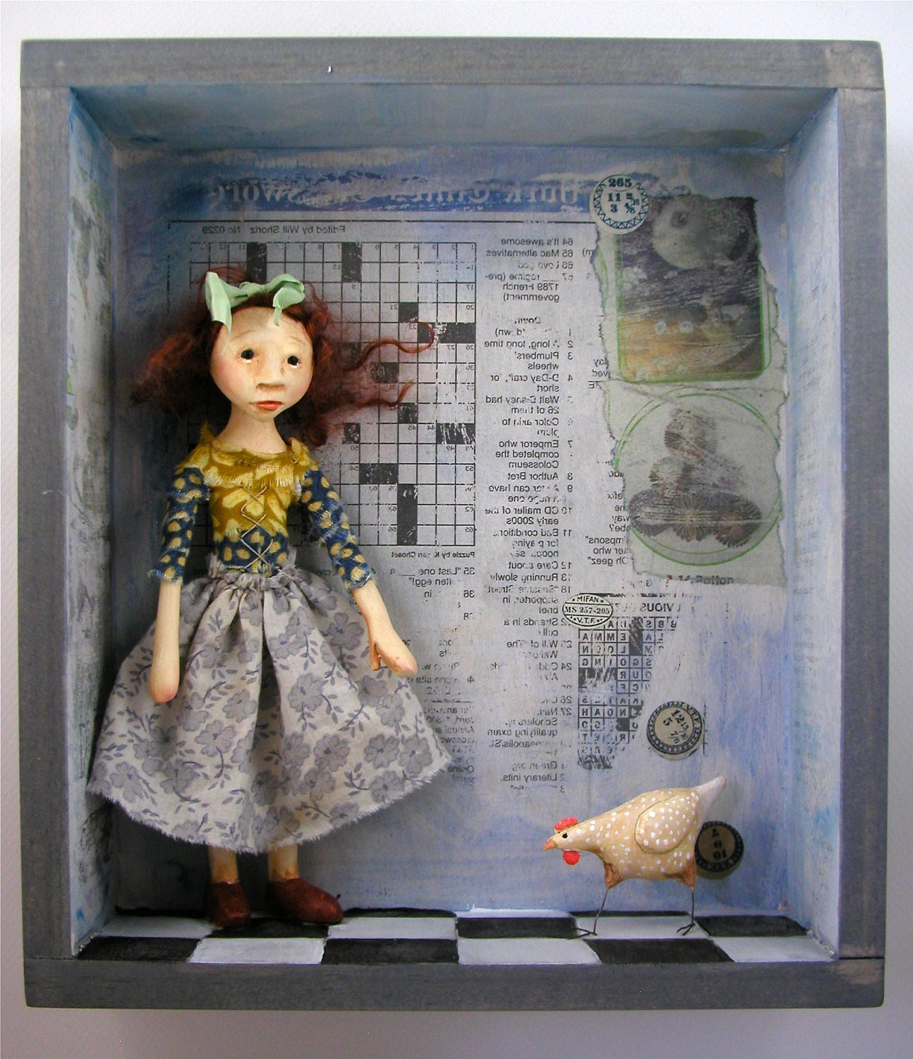 Shadow Box Doll Sculpture girl and her chicken