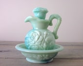Avon Jade Green Decanter and Bowl with Rose Flower Design