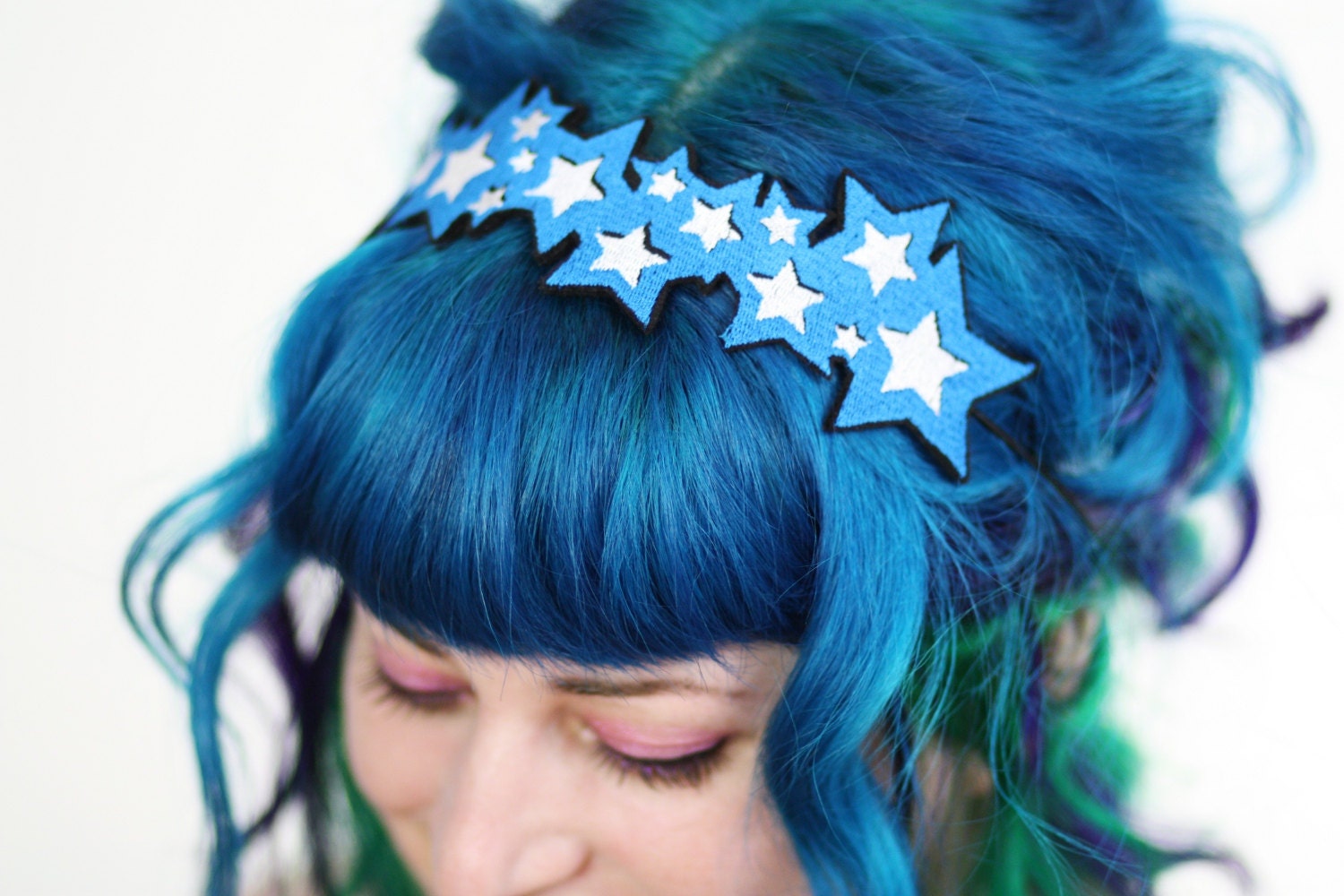 Stars Headband, Turquoise and White Stars, Cute Adult Headband