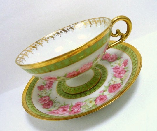 JP L France Teacup and Saucer, Light Green with Pink Roses Gold Trim, Circa 1900 - MemoriesofYesterday