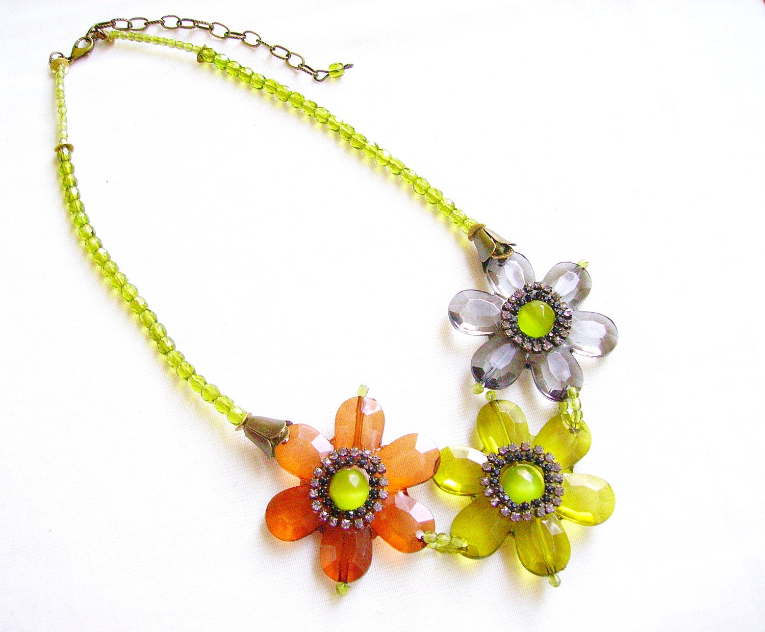 SUMMER SALE Flower Statement Necklace, Green, Amber Brown, Grey - Handmade Beaded Necklace