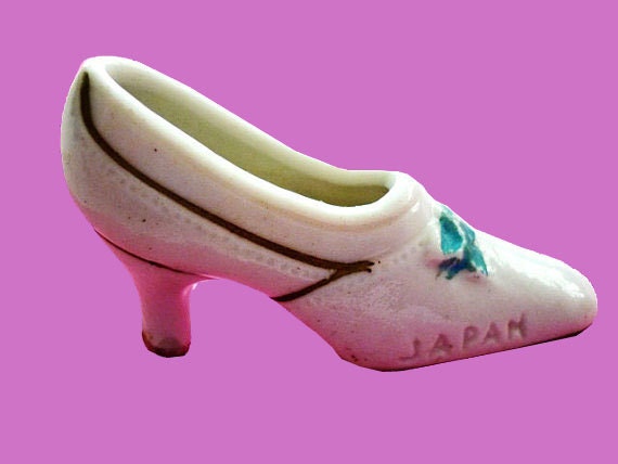 1930s Pre World War 2 Cream Porcelain Shoe Marked Japan on the side - Gold and Light Blue Trim