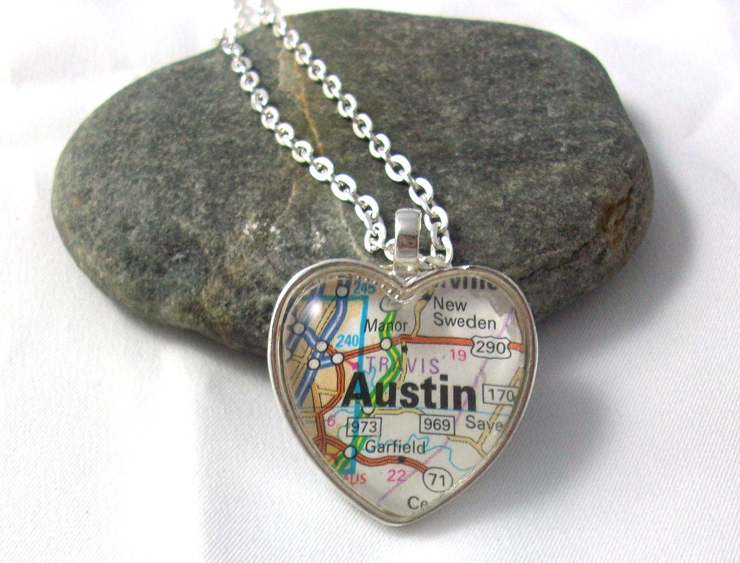 Austin Map Necklace, Texas,  Heart Pendant with Chain