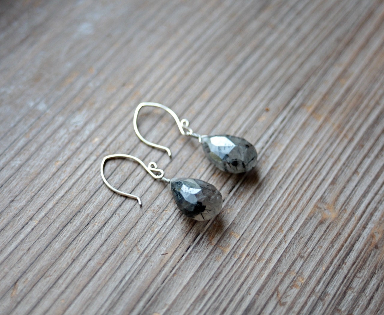 Black Rutilated Quartz Teardrop Sterling Silver Earrings