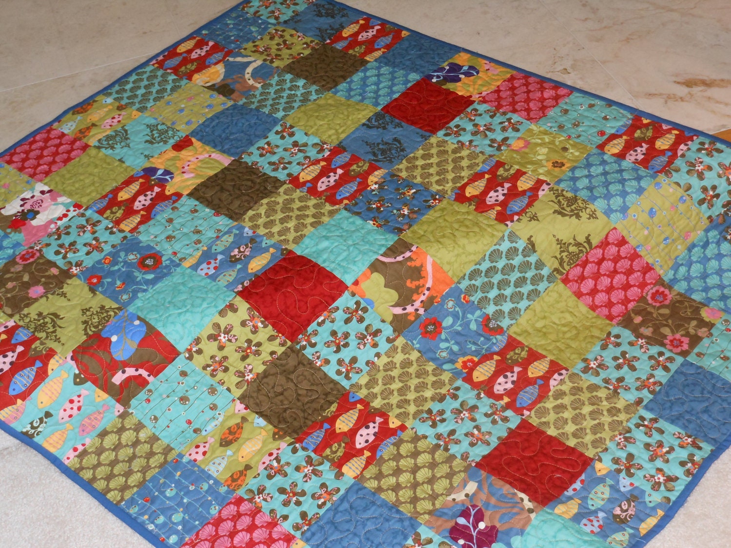 Baby Boy or Girl Quilt in Momo Odyssea - blue, green, red, brown - fish, shells