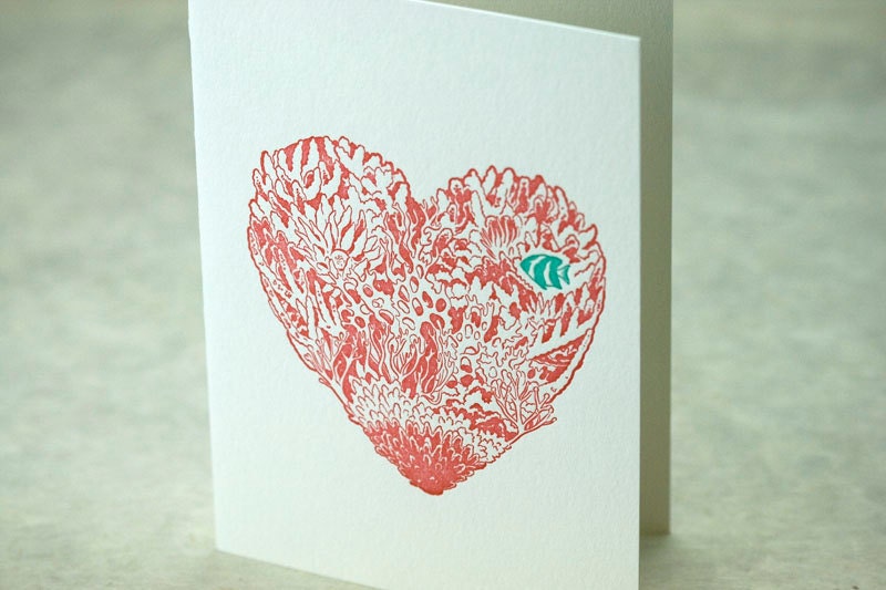 Letterpress Valentine Love Card - Coral Heart