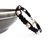 Womens leather bracelet pink pearls black cuff knotted macrame makrame ooak