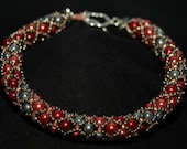 Red, Silver and Grey Glass Pearl Tubular Netted Bracelet Jewelry