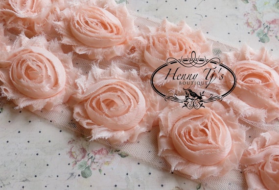 2 1/2 inch- 1 yard Chiffon Shabby Rose Trim, Hair Bow. Chiffon Rossettes Trim in BABY PEACH, Hair Bow