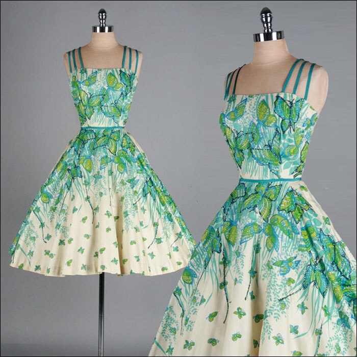 Vintage 1950s Dress . Ivory . Turquoise . Butterfly . Glitter . Full Skirt . XS/S . 1914